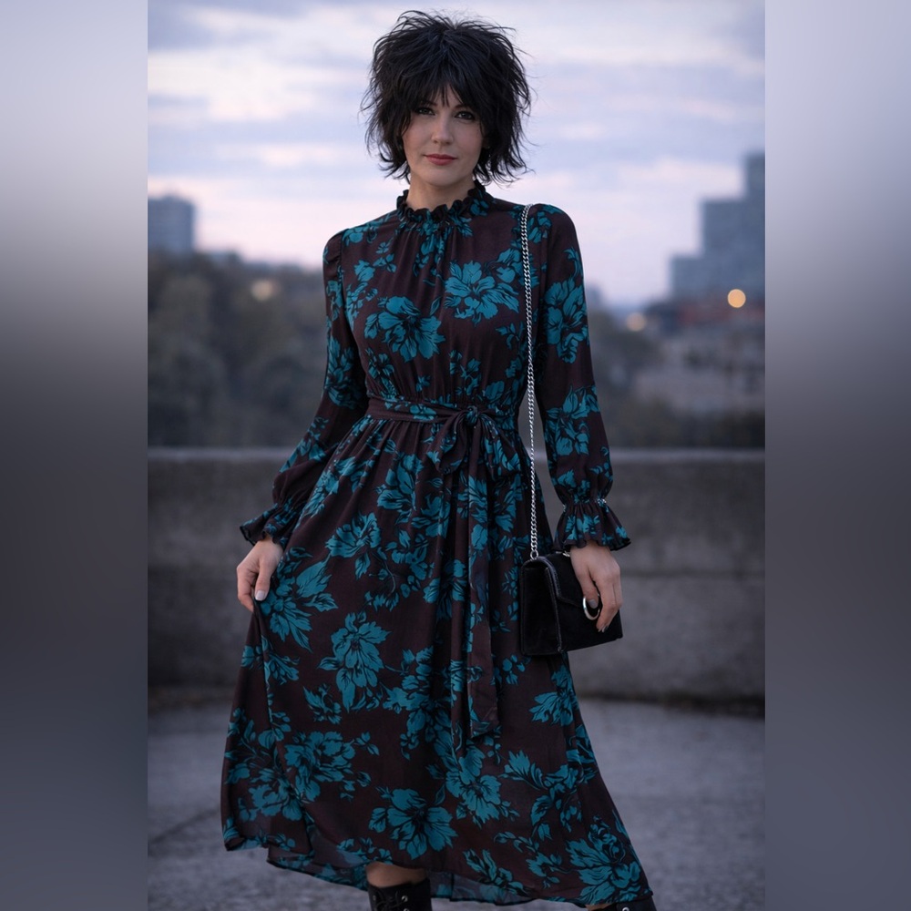 🤎Who What Wear Plum & Teal Floral Sheer Maxi Dress – Size Small✨